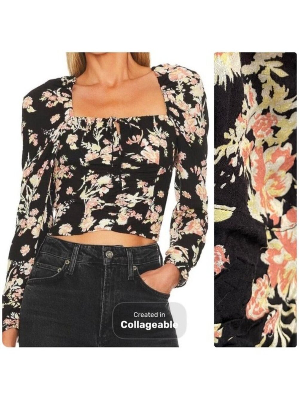 Free People Floral Coquette Square Neck Top Smocked Boho Feminine Puff Sleeve